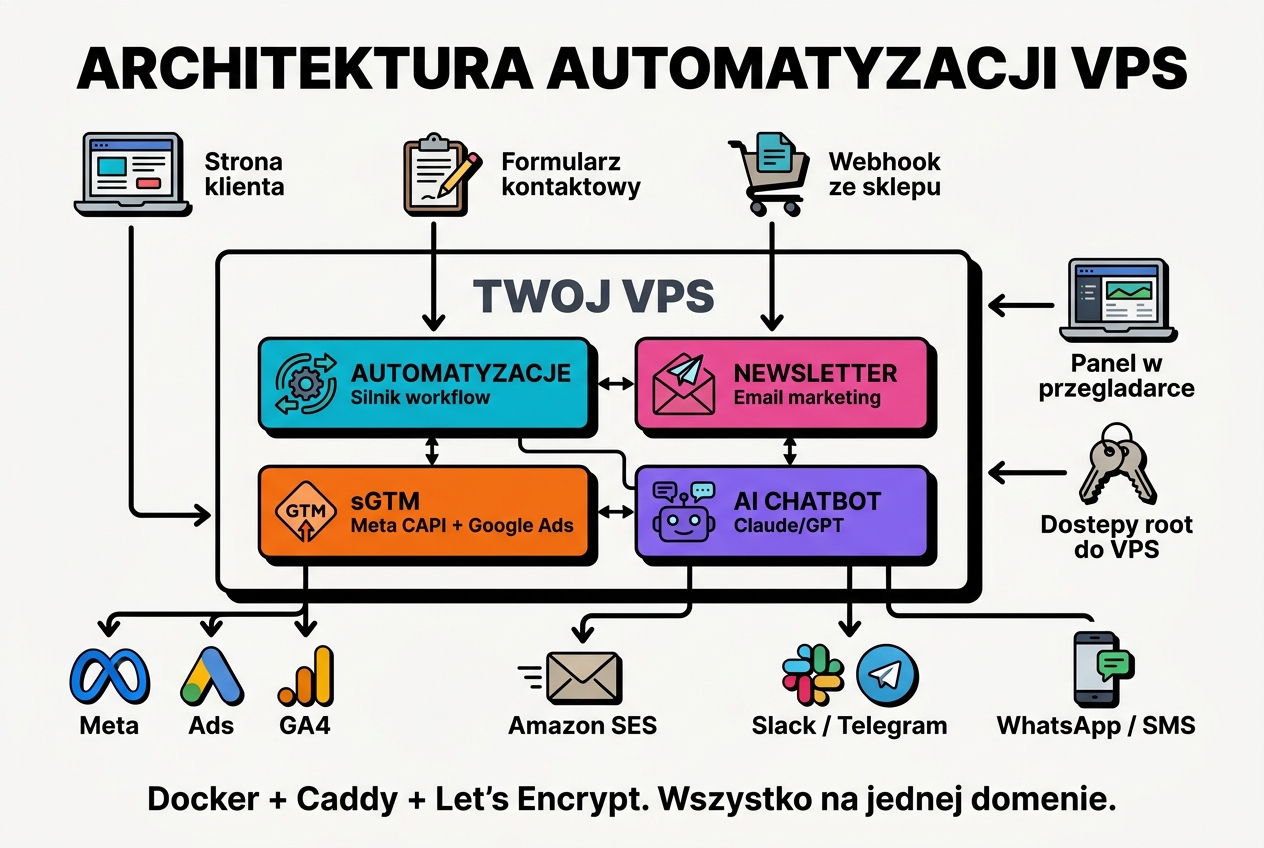 Schemat architektury stacku: VPS z kontenerami n8n, Listmonk, chatbot AI, sGTM