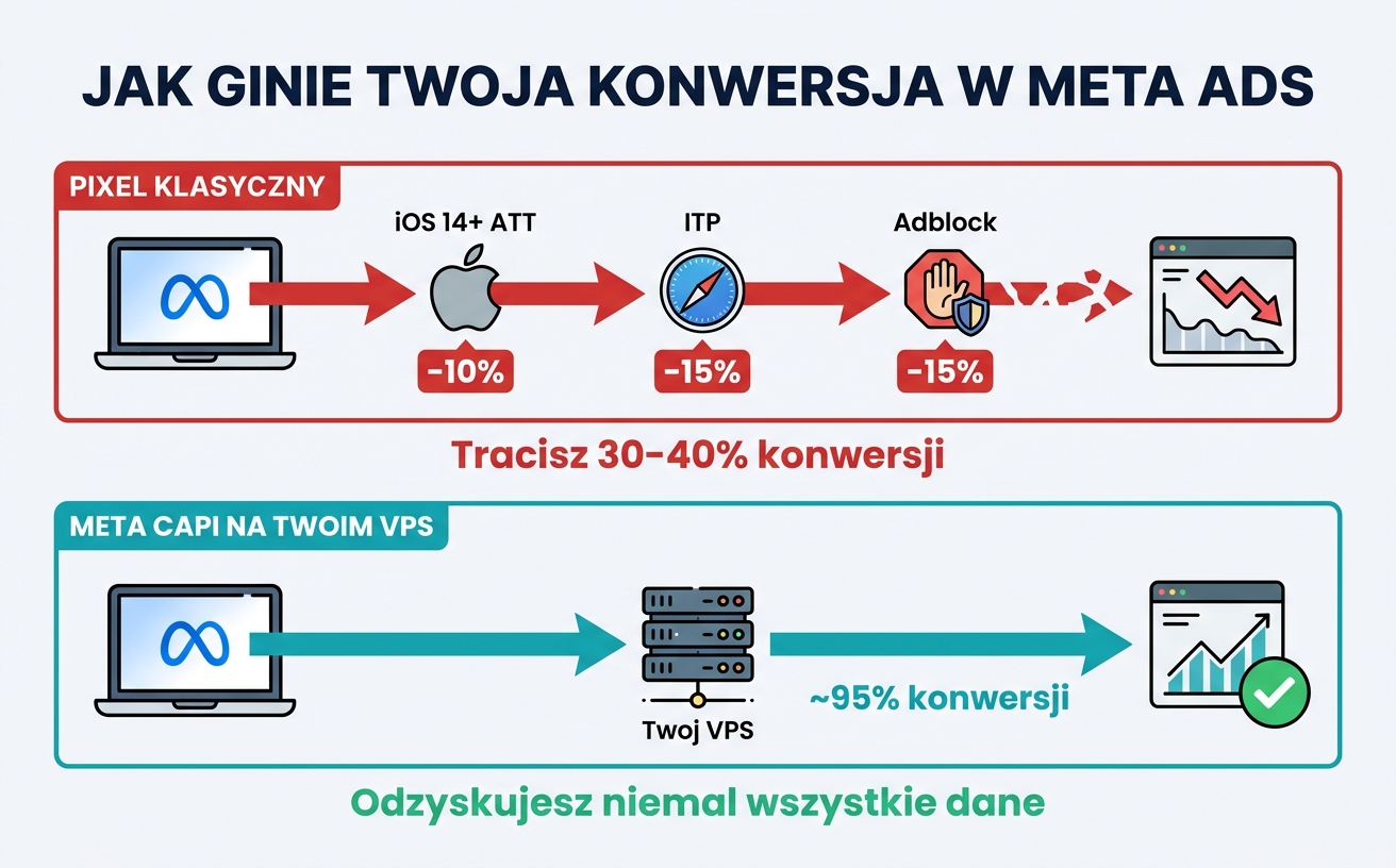 Schemat pokazujący jak Pixel traci konwersje przez iOS, ITP i adblockery, a Meta CAPI omija te blokady